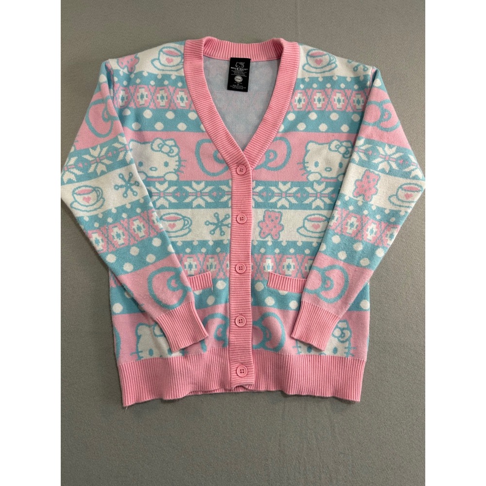 Hello Kitty Cardigan Women XS‎ Pink Blue Fair Isle Sanrio Oversized Sweater Knit
